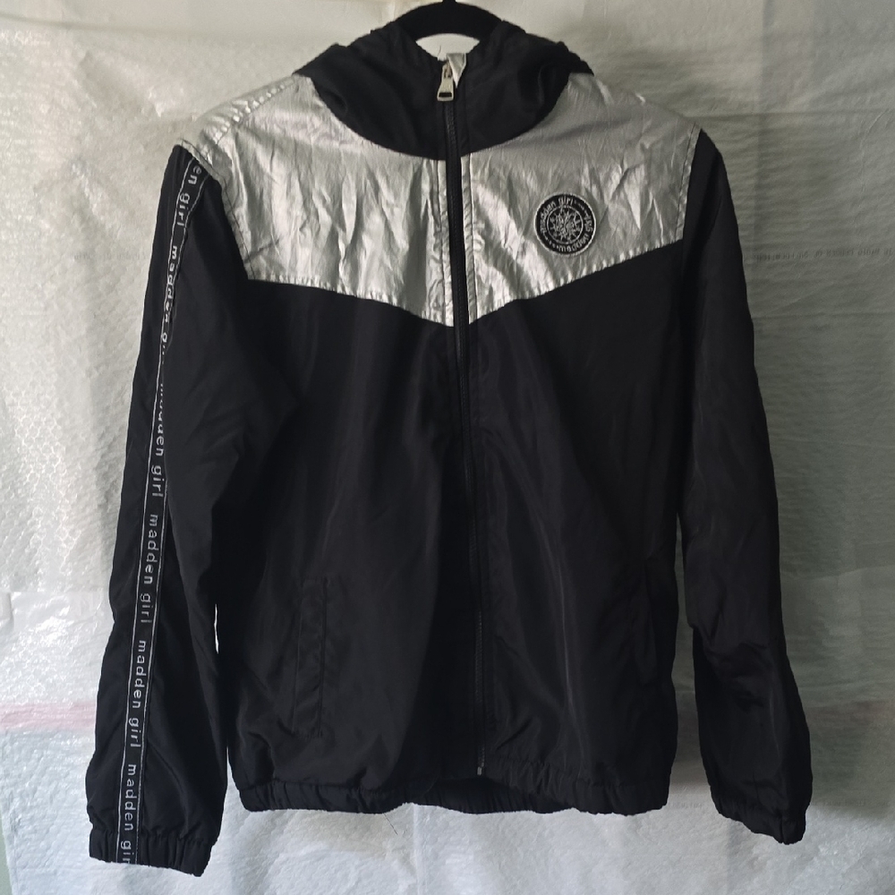 Madden Girl Black and Silver Hooded Windbreaker